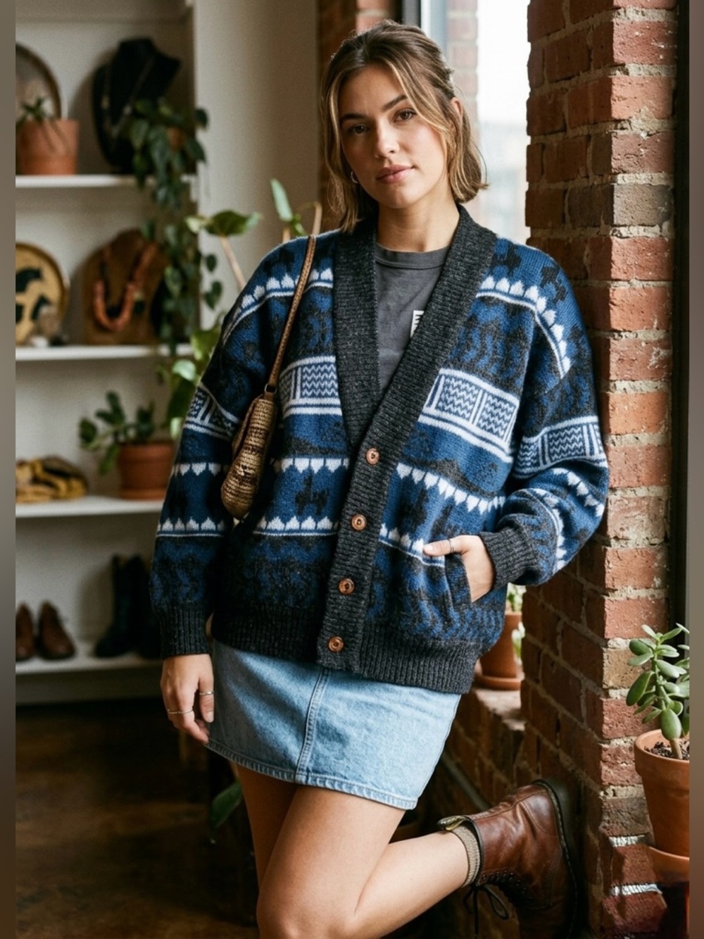Vintage 90s Alpaca Geometric Knit Cardigan Blue Shawl Neck Grandpacore Sweater